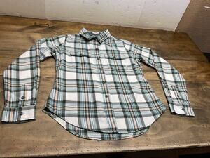 Simms Woman’s Santee Flannel Shirt Sea Foam Camp Plaid Size Small